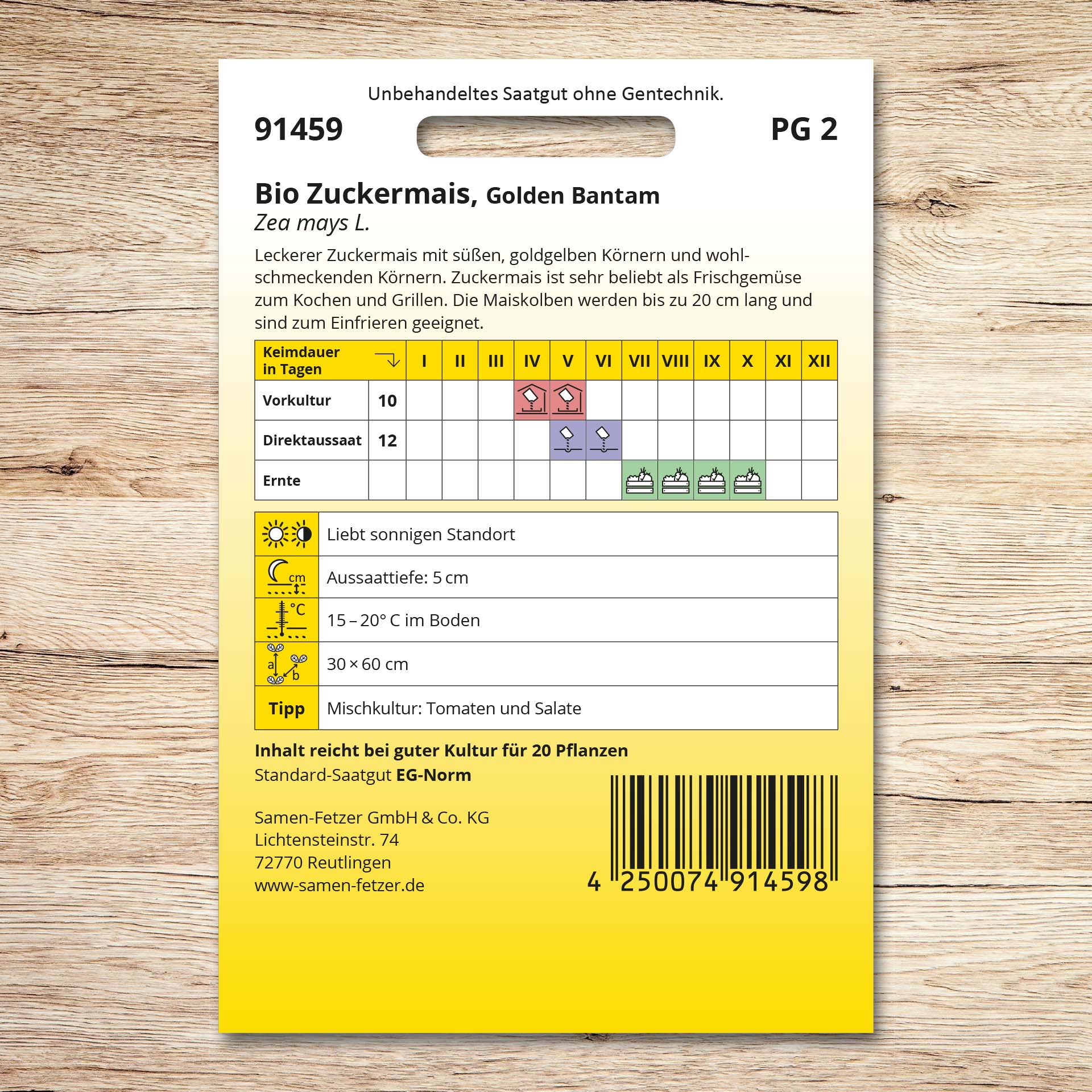 Rückseite der Saatgutpackung Zuckermais (Bio) Golden Bantam mit Aussaatkalender, Erntezeit, Standort- und Pflanzhinweisen für süßen, goldgelben Zuckermais.
