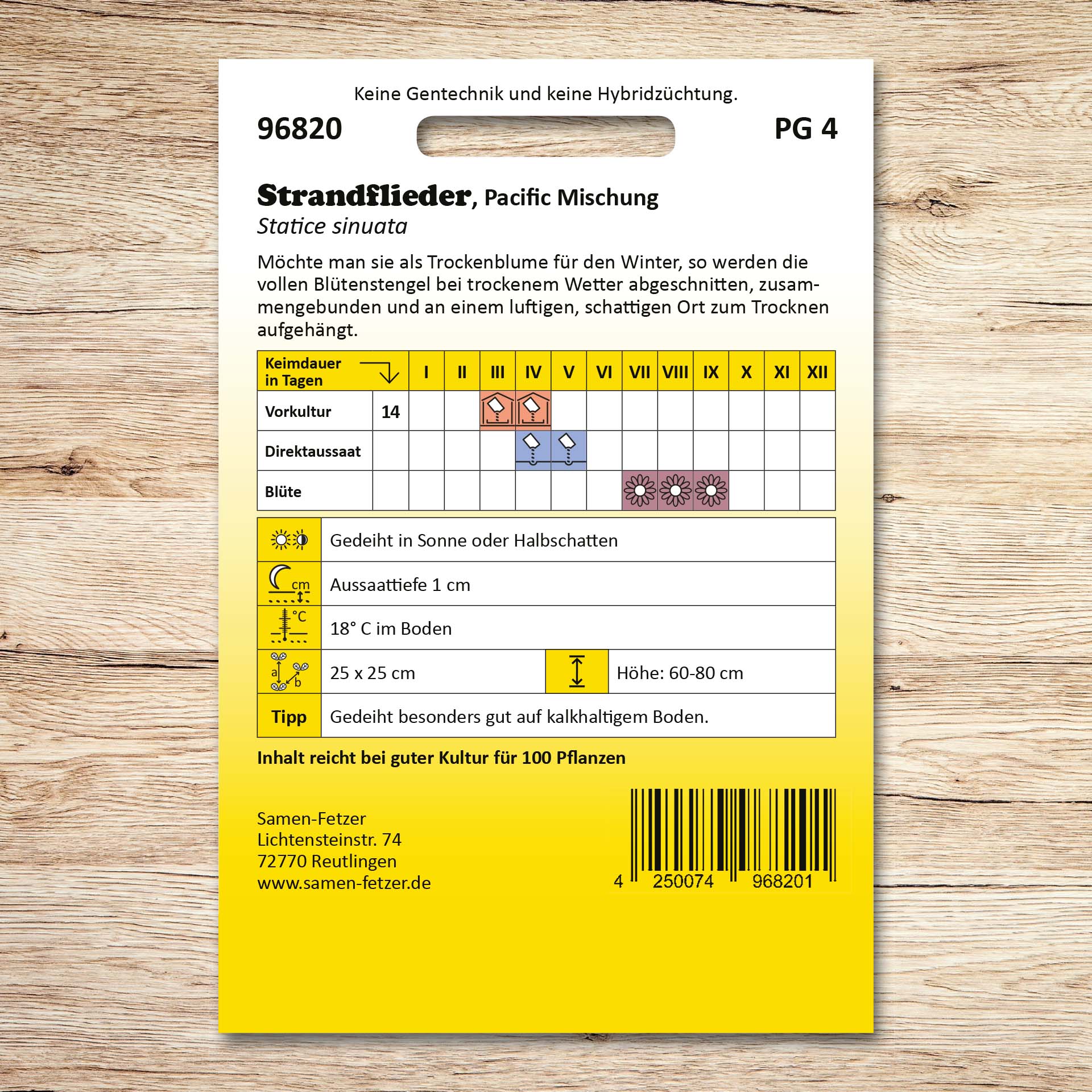 Rückseite der Samenpackung Strandflieder Pacific Mischung von Samen-Fetzer mit Aussaatkalender, Blütezeit Juli bis September und Pflegehinweisen für Statice als Trockenblume