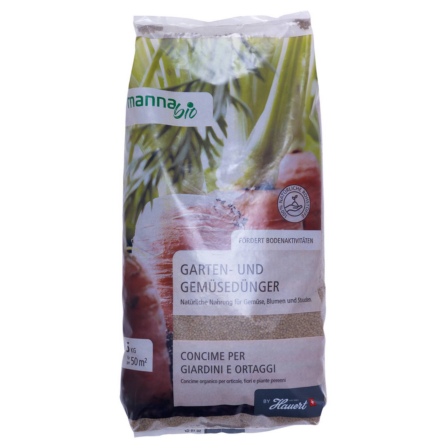 Packung Manna Bio Garten- und Gemüsedünger 5 kg mit Karottenmotiv; organischer Dünger für Gemüse, Blumen und Stauden