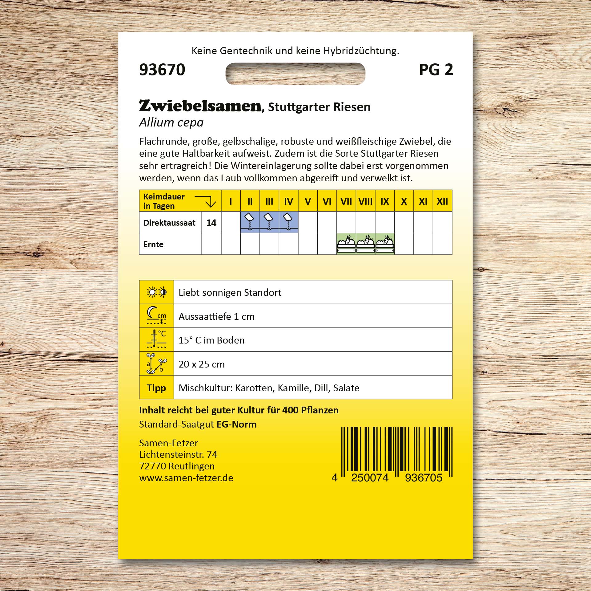 Rückseite der Saatgutpackung Zwiebelsamen Stuttgarter Riesen von Samen-Fetzer mit Infos zu Aussaat, Keimdauer, Ernte sowie robuster, gelbschaliger und gut haltbarer Zwiebelqualität