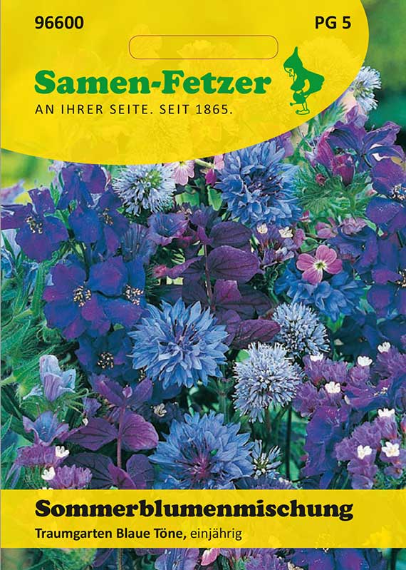 Vorderseite einer Samen-Packung der Marke Samen-Fetzer mit gelbem Logo, Produktname Sommerblumenmischung Traumgarten Blaue Töne und Foto verschiedener blauer und violetter Blumen, Hinweis einjährig