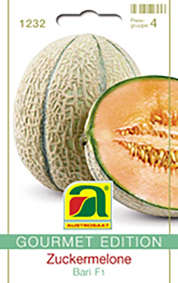 Packung Samen Zuckermelone 'Bari F1' mit Abbildung einer ganzen und einer halbierten Netzmelone, orangefarbenes Fruchtfleisch, Aufschrift 'Gourmet Edition'
