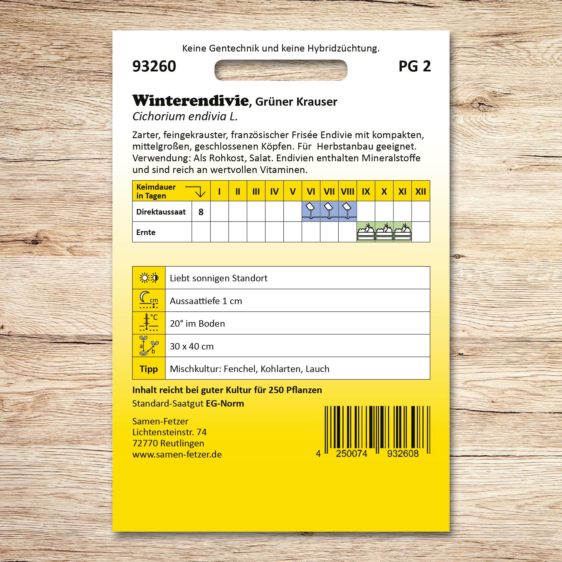 Rückseite der Samenpackung Winterendivien Grüner Krauser von Samen-Fetzer mit Aussaat-, Ernte- und Standortangaben für den vitaminreichen Frisée-Endiviensalat.