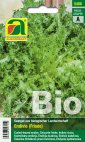 Vorderseite einer Bio-Saatgut-Packung mit krausem, grünem Blattsalat (Frisée/Endivie); gut sichtbarer "Bio"-Schriftzug unten und Markenlogo oben links.