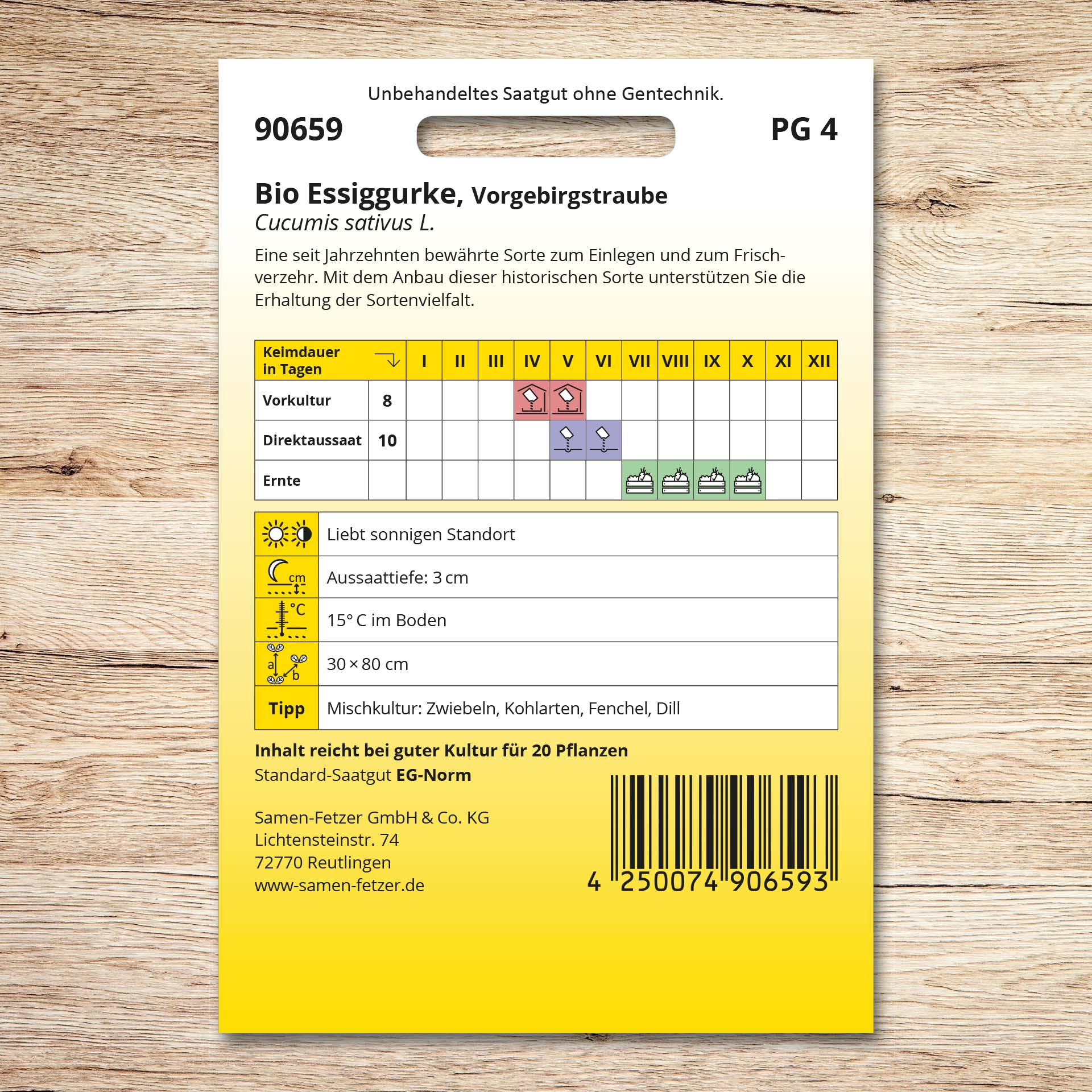 Rückseite der Saatgutpackung Bio Einlegegurken Vorgebirgstrauben von Samen-Fetzer mit Aussaat-, Ernte- und Standortangaben für die bewährte historische Gurkensorte zum Einlegen und Frischverzehr.