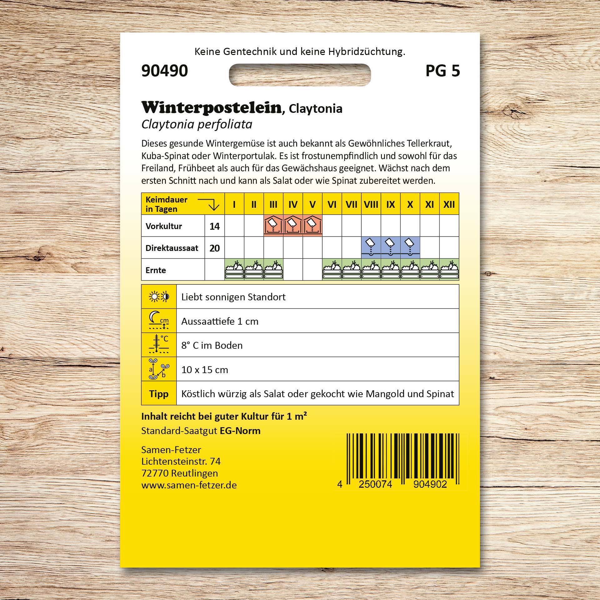 Rückseite der Samentüte Winterpostelein Claytonia von Samen-Fetzer mit Aussaat- und Erntekalender für frostunempfindliches, vitaminreiches Wintergemüse.