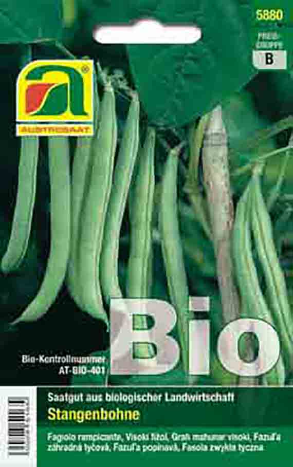 Packung Bio-Saatgut Stangenbohne mit Abbildung grüner Bohnen