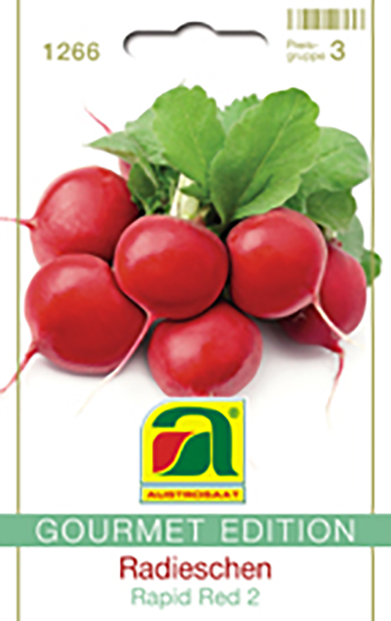 Samenpackung 'Gourmet Edition' für Radieschen (Rapid Red 2) mit Foto mehrerer runder roter Radieschen und grünen Blättern auf weißem Hintergrund