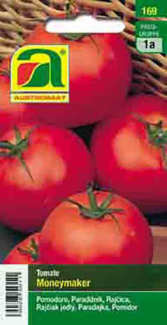 Vorderseite einer Saatgut-Packung für Tomate 'Moneymaker' mit mehreren roten, reifen Tomaten, grünem Markenlogo und Produktinformationen