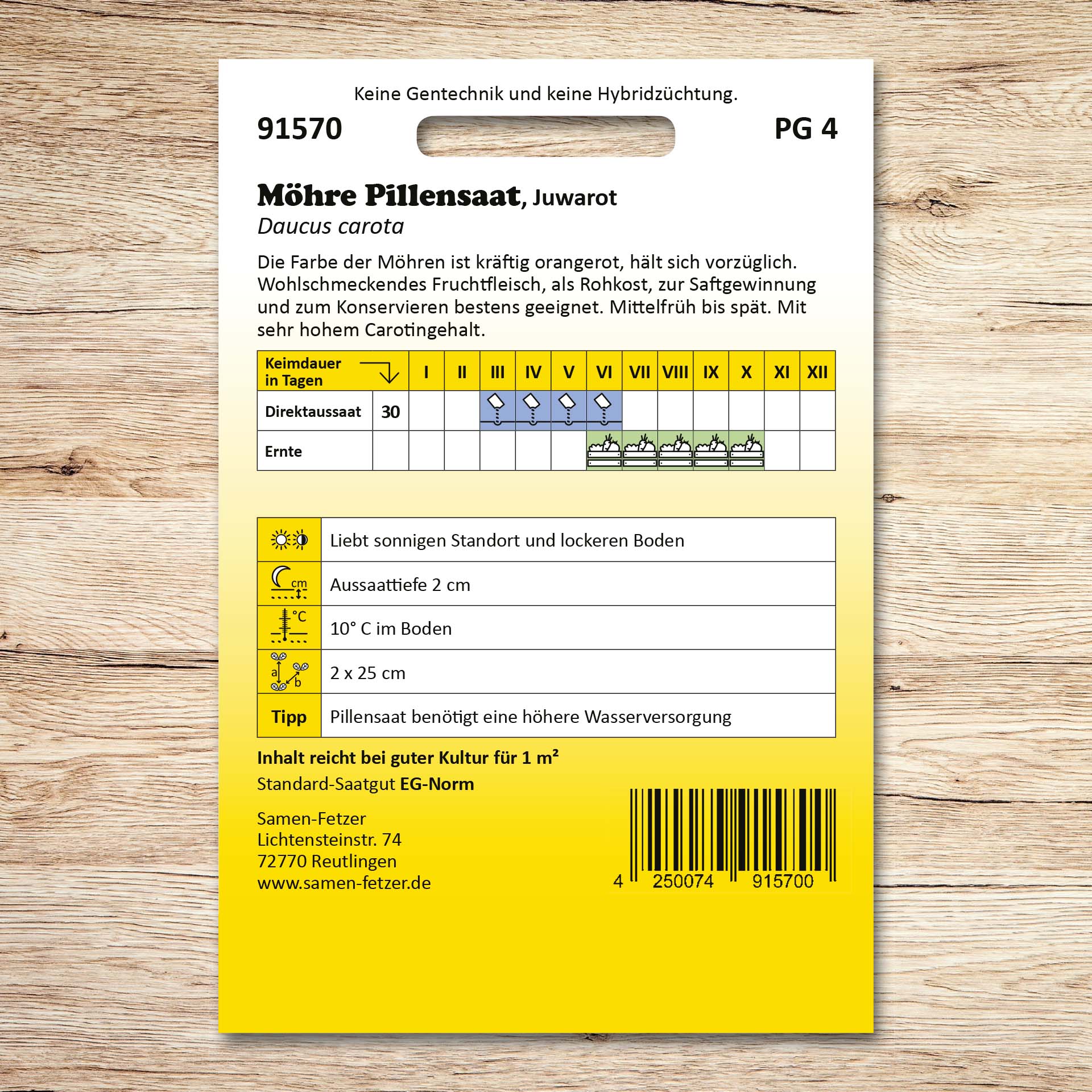 Rückseite der Samenpackung Möhren Pillensaat „Juwarot“ von Samen-Fetzer mit Aussaat- und Erntekalender; mittelfrühe bis späte, orangerote Karotte mit hohem Carotingehalt für Rohkost, Saft und Konservieren.