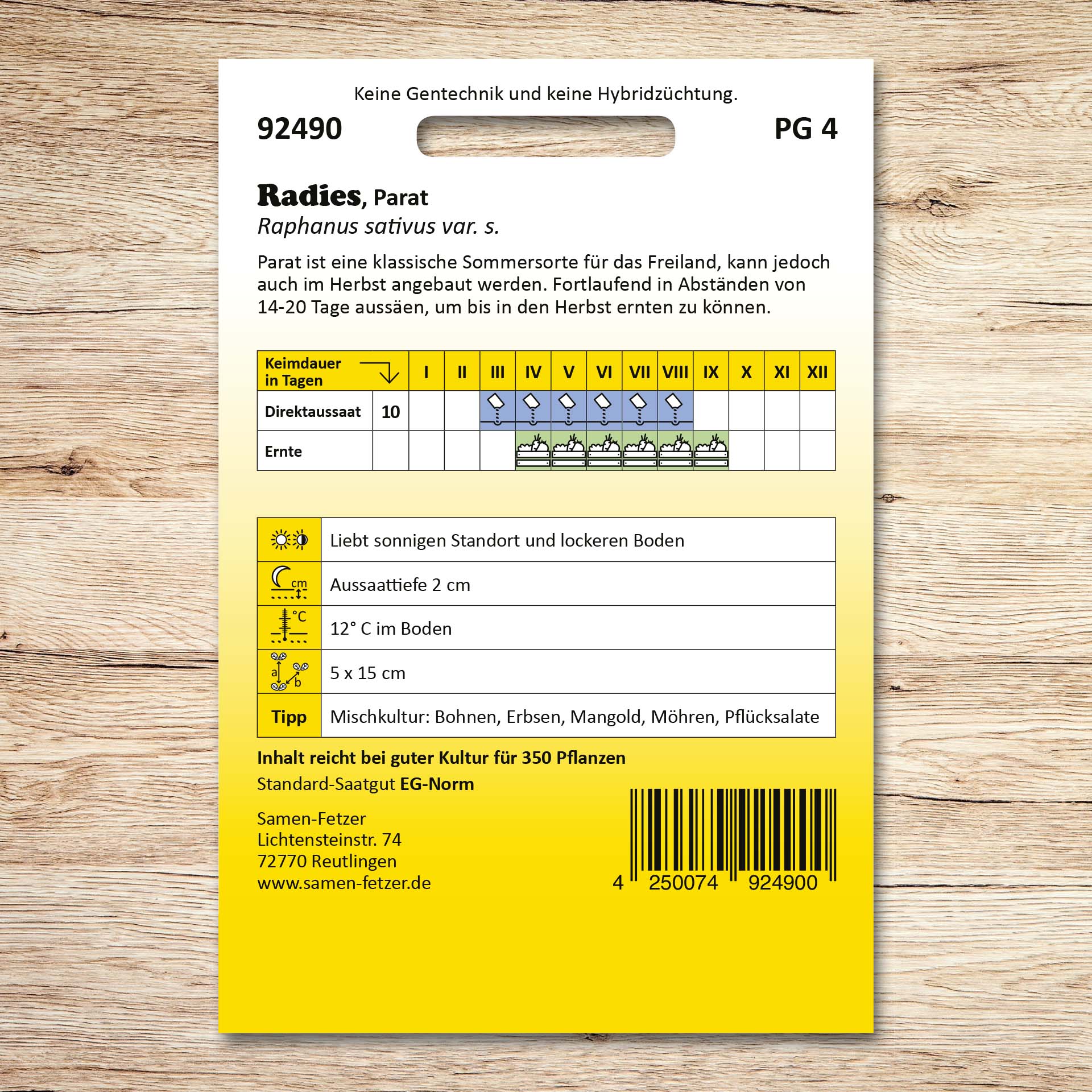 Rückseite der Samenpackung Radies Parat von Samen-Fetzer mit Aussaat- und Erntekalender für karminrote, milde Radieschen für Freiland und Herbstanbau