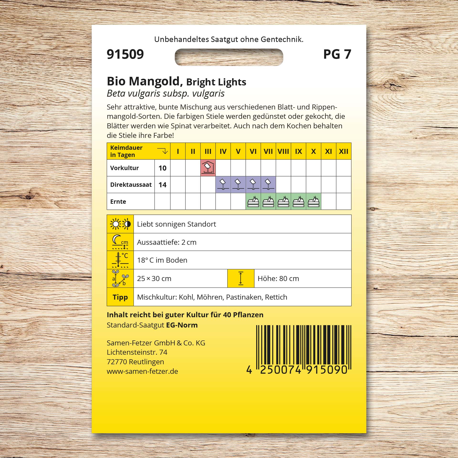Rückseite der Samen-Fetzer Saatgutpackung Mangold (Bio) Bright Lights mit Aussaatkalender, Erntezeiten und Pflanzhinweisen für bunten, ertragreichen Mangold