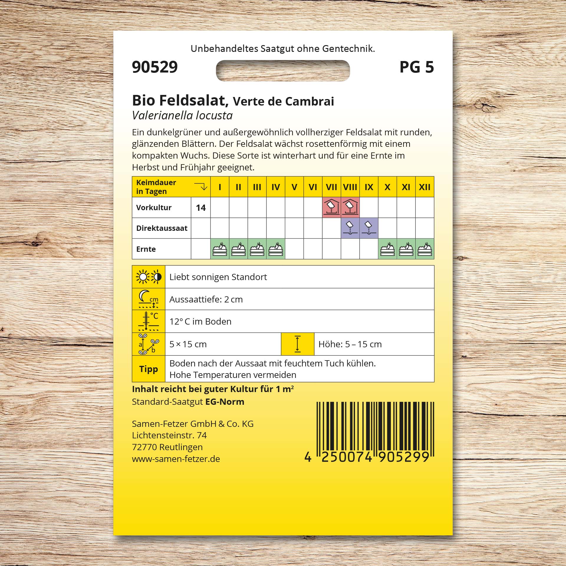 Rückseite der Samenpackung Feldsalat Bio Verte de Cambrai von Samen-Fetzer mit Aussaatkalender, Erntezeiten und Tipps zu winterfestem, aromatischem Ackersalat mit glänzenden Blättern