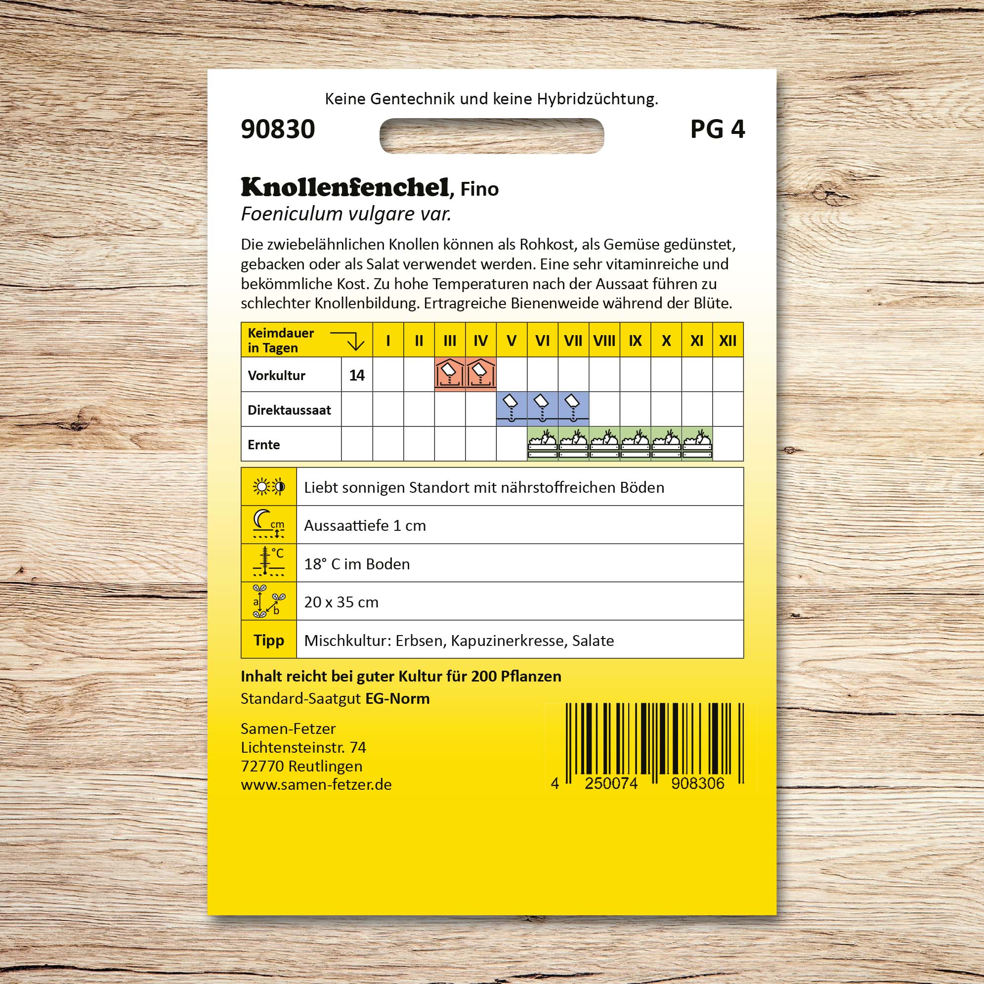 Rückseite der Saatgutpackung Knollenfenchel Fino von Samen-Fetzer mit Aussaat-, Ernte- und Standortangaben zur schossfesten Frühkultur-Sorte für vitaminreiche Fenchelknollen.