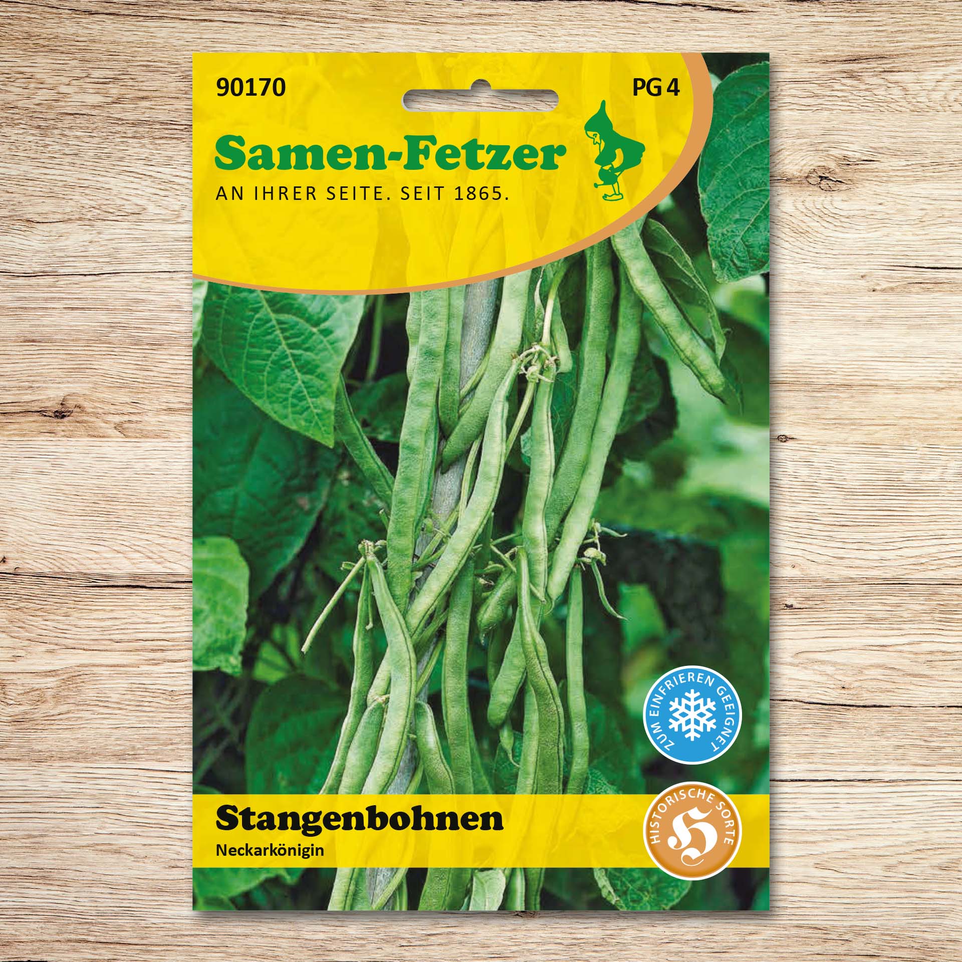 Saatgutpackung Samen-Fetzer Stangenbohnen Neckarkönigin mit langen grünen, fadenlosen Hülsen; ertragreiche historische Sorte, ideal zum Einfrieren