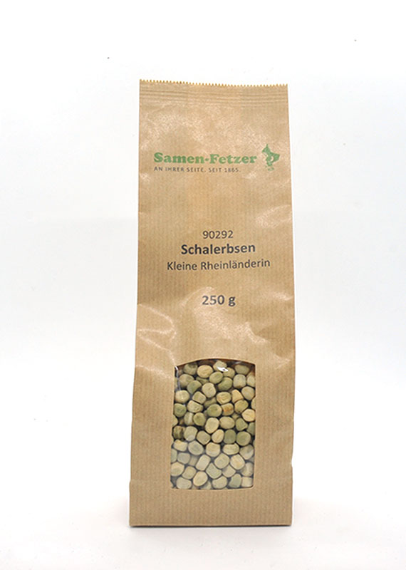 Braune Papierverpackung mit Sichtfenster, gefüllt mit grünen Schalerbsen 'Kleine Rheinländerin' (250 g), Marke Samen-Fetzer
