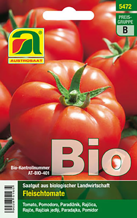 Packung Austrosaat Bio Fleischtomate Saatgut mit großem roten Tomatenmotiv, hervorgehobenem Schriftzug "Bio" und Produktinformationen