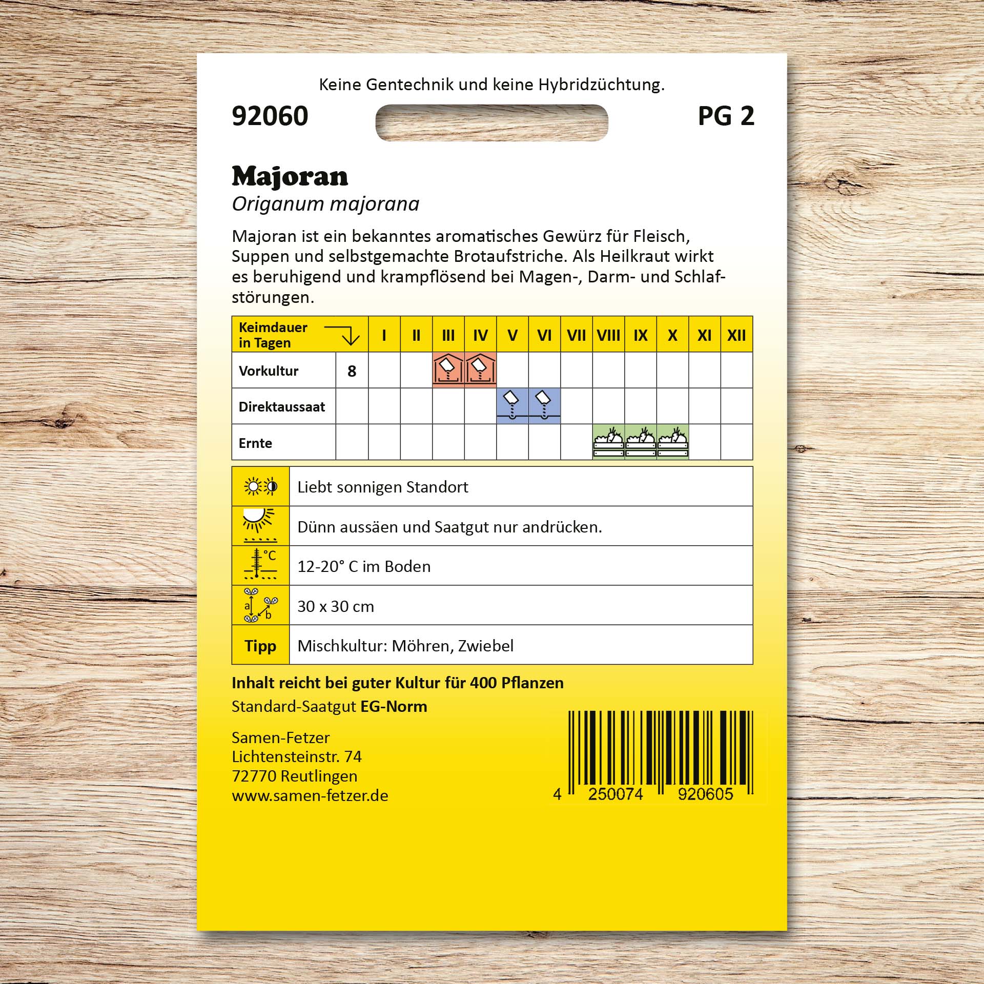 Rückseite der Majoran-Samenpackung von Samen-Fetzer mit Aussaatkalender, Erntezeit, Standort- und Pflegehinweisen für das aromatische Küchenkraut Majoran
