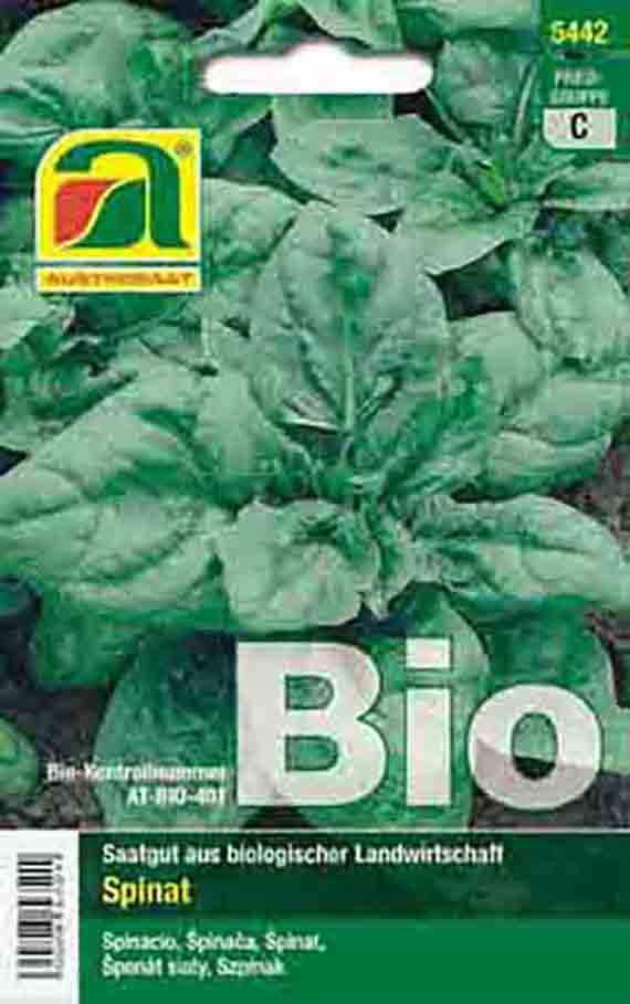 Vorderseite einer Saatgut-Tüte für Bio Spinat (Spinacia oleracea) mit großem Foto von Spinatblättern, dem Schriftzug 'Bio' und dem Hinweis 'Saatgut aus biologischer Landwirtschaft'