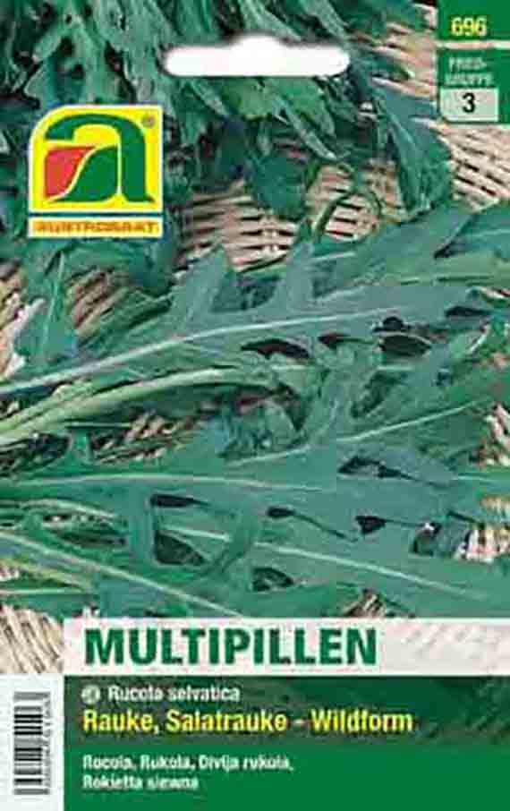 Samenpackung Multipillen Rucola selvatica: Saatgutverpackung mit grünem Blattmotiv, Herstellerlogo und der Bezeichnung Rauke / Salatrauke (Wildform).