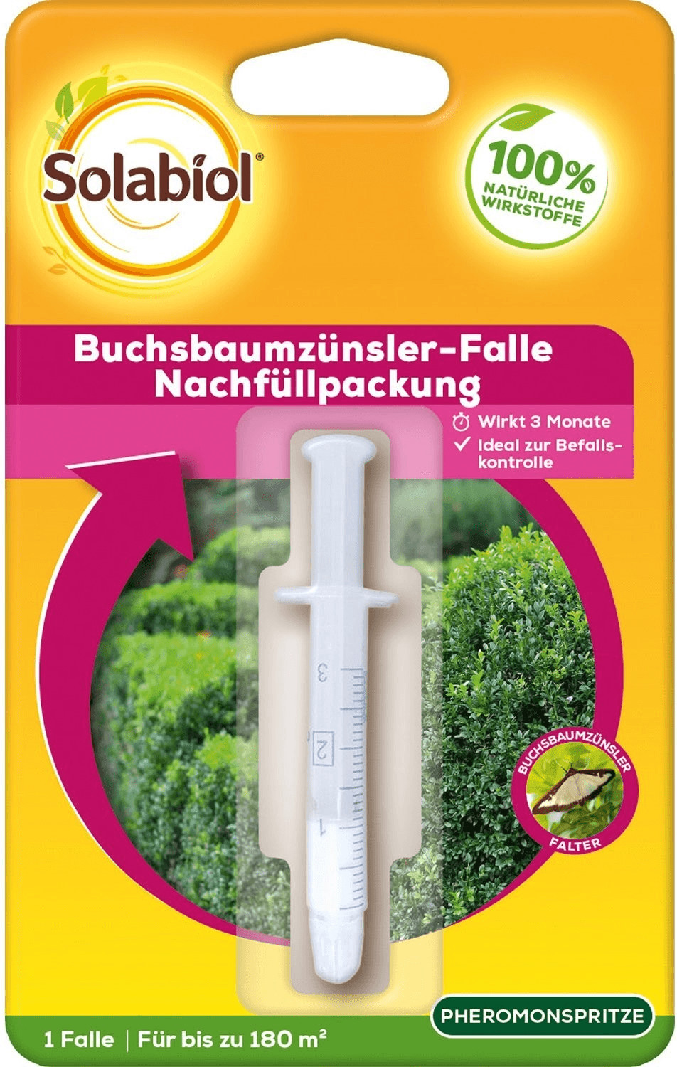 Solabiol Nachfüllpackung für Buchsbaumzünsler-Falle mit weißer Pheromonspritze auf gelb-pinkem Verpackungsdesign; 100% natürliche Wirkstoffe, ideal zur Befallskontrolle