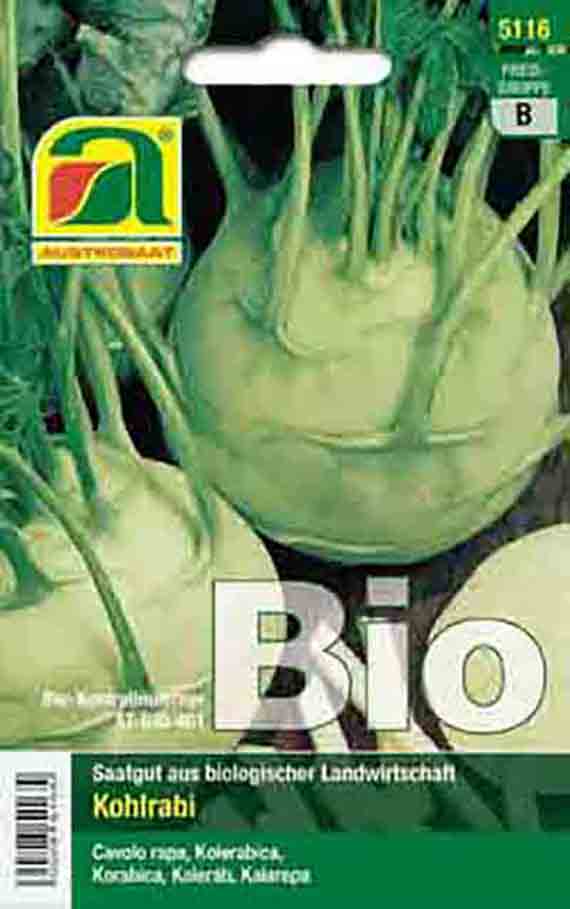 Packung Bio-Kohlrabi Samen: Saatgut-Verpackung mit großem Bio-Schriftzug, Abbildung mehrerer grüner Kohlrabi-Knollen und Herstellerlogo.