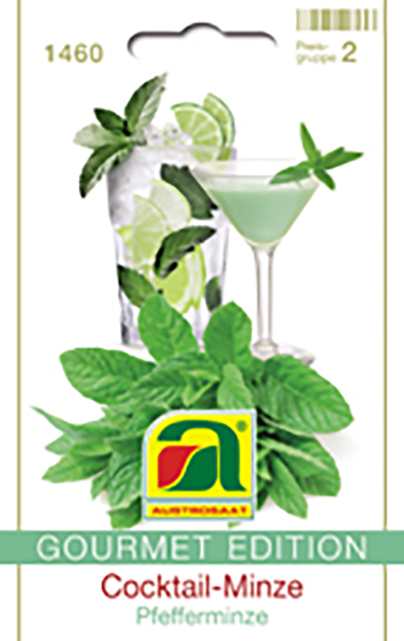 Verpackung mit Abbildung von Cocktail-Minze (Pfefferminze): frische Minzblätter, Mojito- und Cocktailglas, Logo und Schriftzug 'Gourmet Edition'