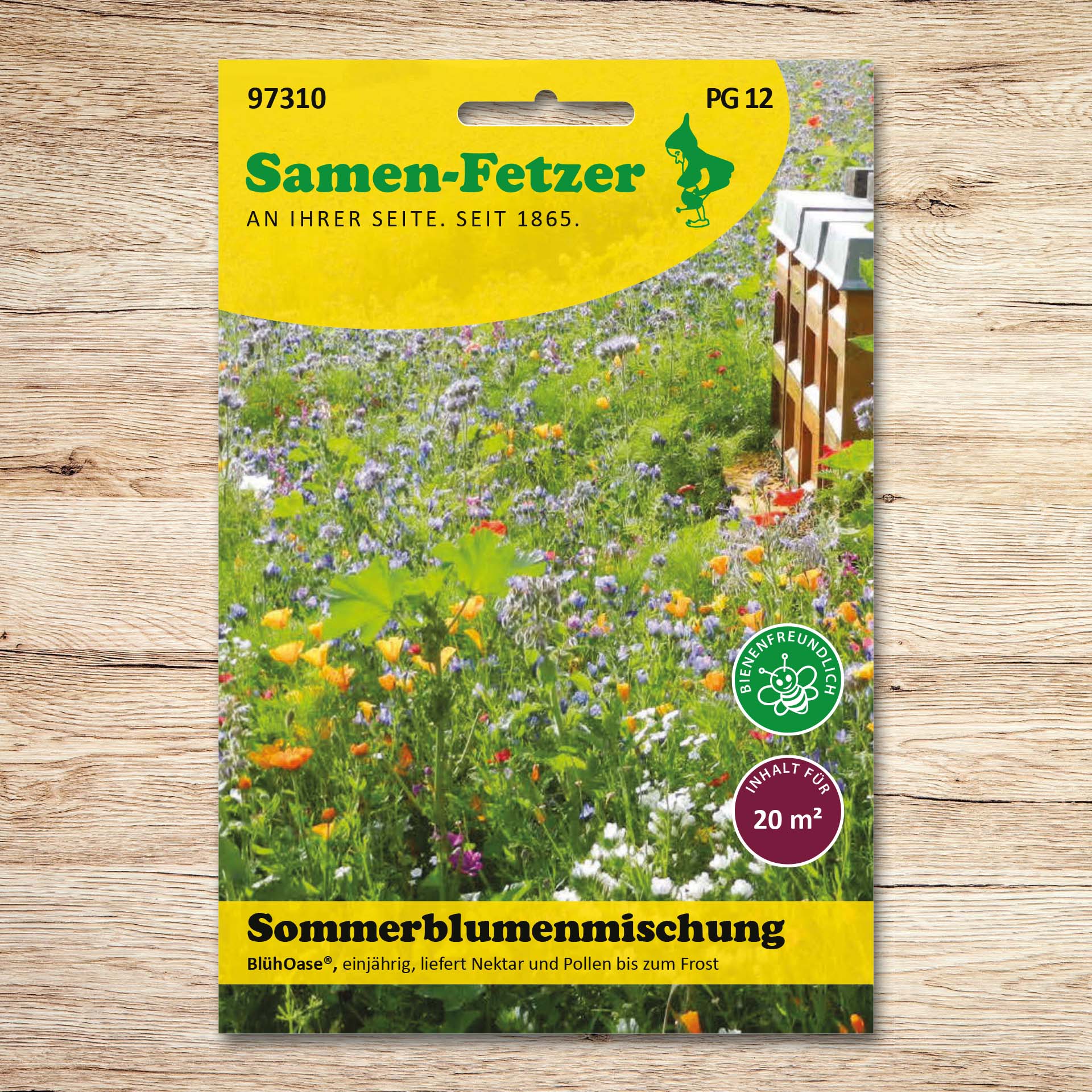 Saatgutpackung Samen-Fetzer Sommerblumenmischung BlühOase® mit farbenreicher, kompakter Blühfläche; bienenfreundliche Premium-Mischung für Bienen und Nützlinge, einjährig, Nektar und Pollen bis zum ersten Frost, für 20 m²
