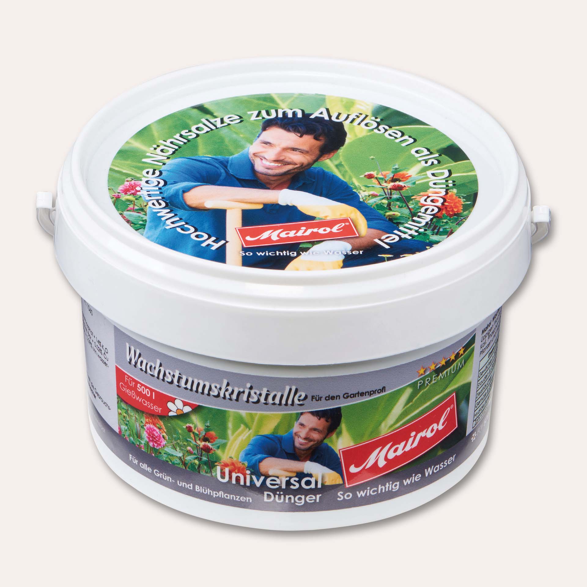 Weiße Dose Mairol Nährsalz Wachstumskristalle, Universaldünger 500 g für Zimmer-, Balkon-, Terrassen- und Gartenpflanzen, stickstoffreich mit NPK 7+4,5+5 für gesundes Wachstum und üppige Blüten