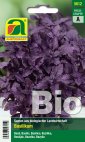 Packung mit Bio-Saatgut für rotblättrigen Rucola, zeigt violettrote, gezackte Blätter auf grünem Hintergrund