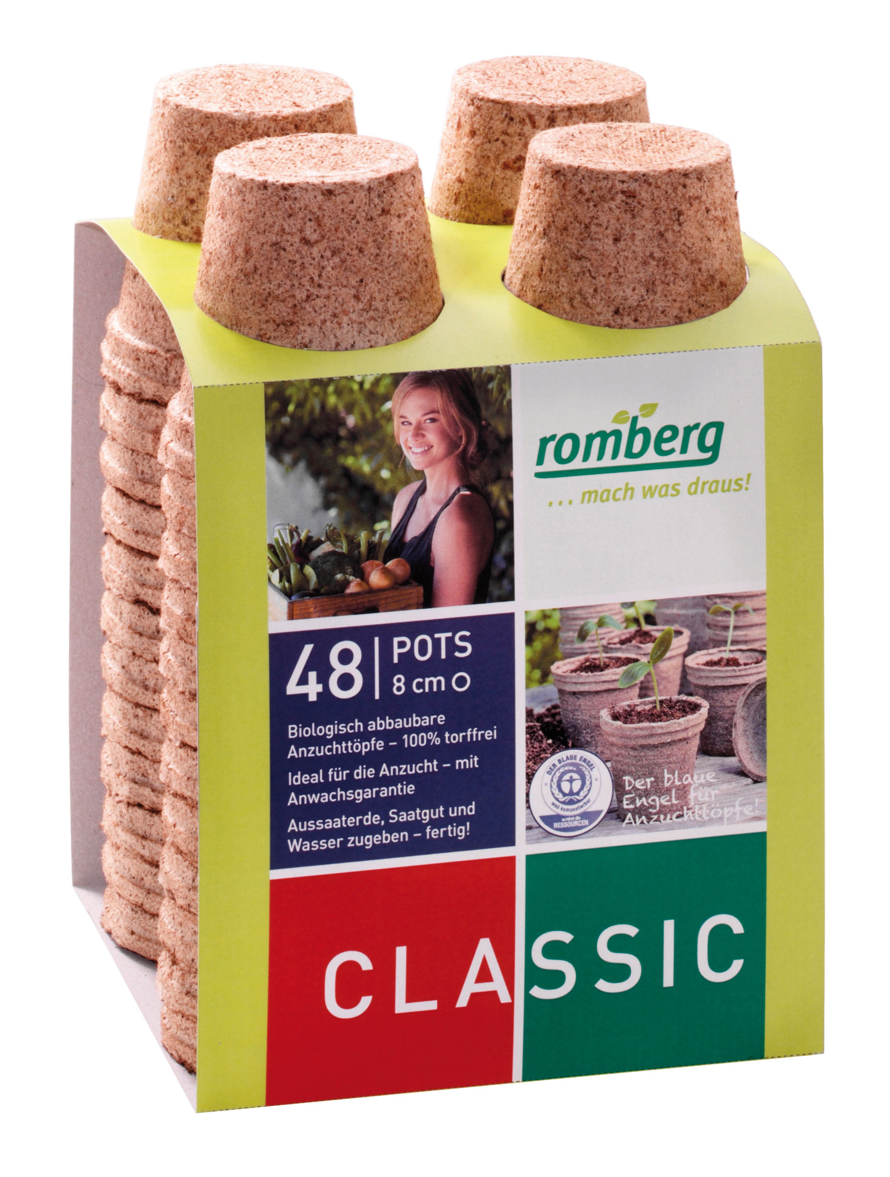Packung Romberg Classic mit 48 biologisch abbaubaren, torffreien Anzucht-Töpfen (Ø 8 cm) in stapelbarer Form, Kartonverpackung mit grün-rotem Design und Produktbildern