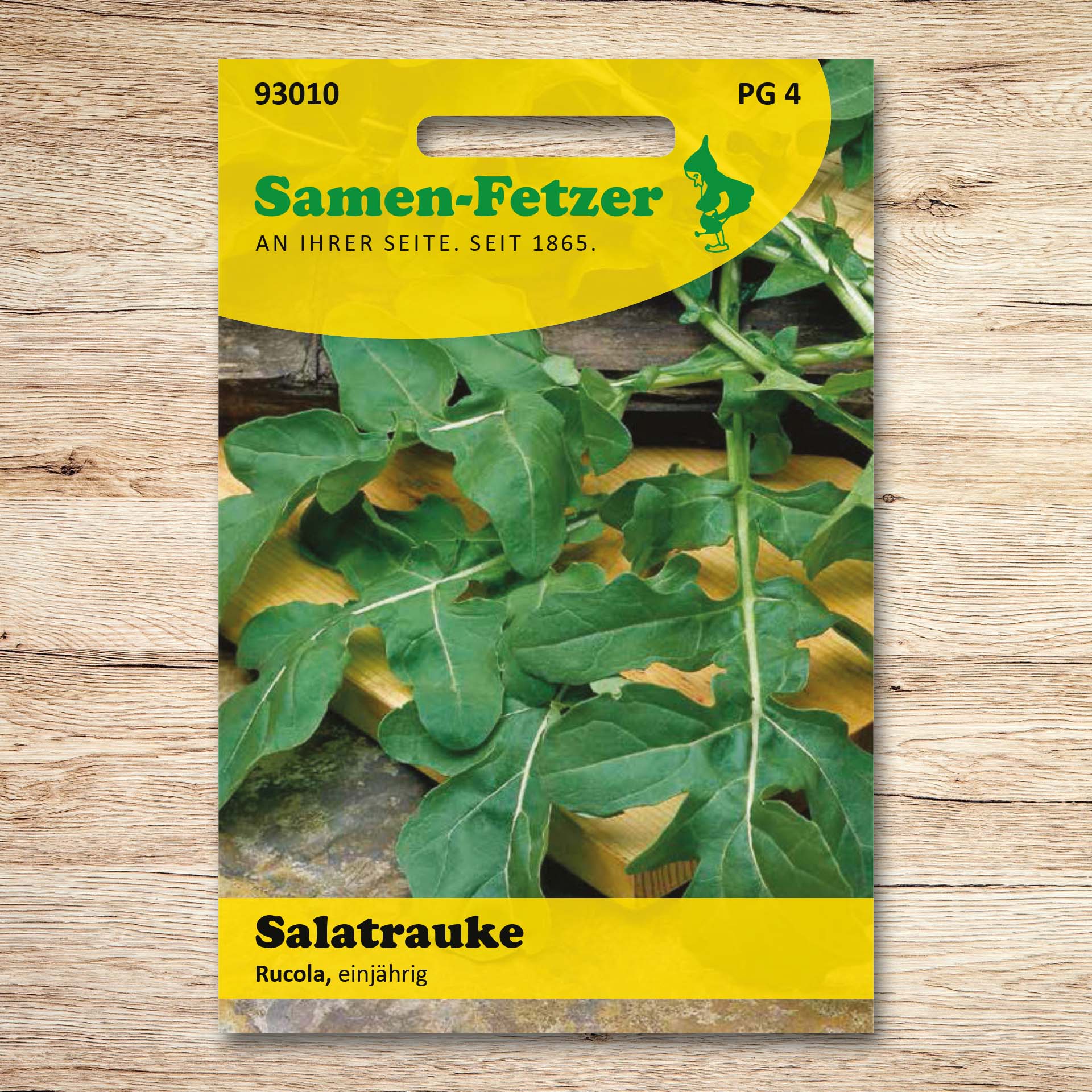 Saatgutmotiv aus dem Samen-Sortiment Fetzers Zweite Ernte Starter Set: Salatrauke Rucola, einjährig, ideal für die Sommeraussaat und freie Beetflächen nach der ersten Ernte.