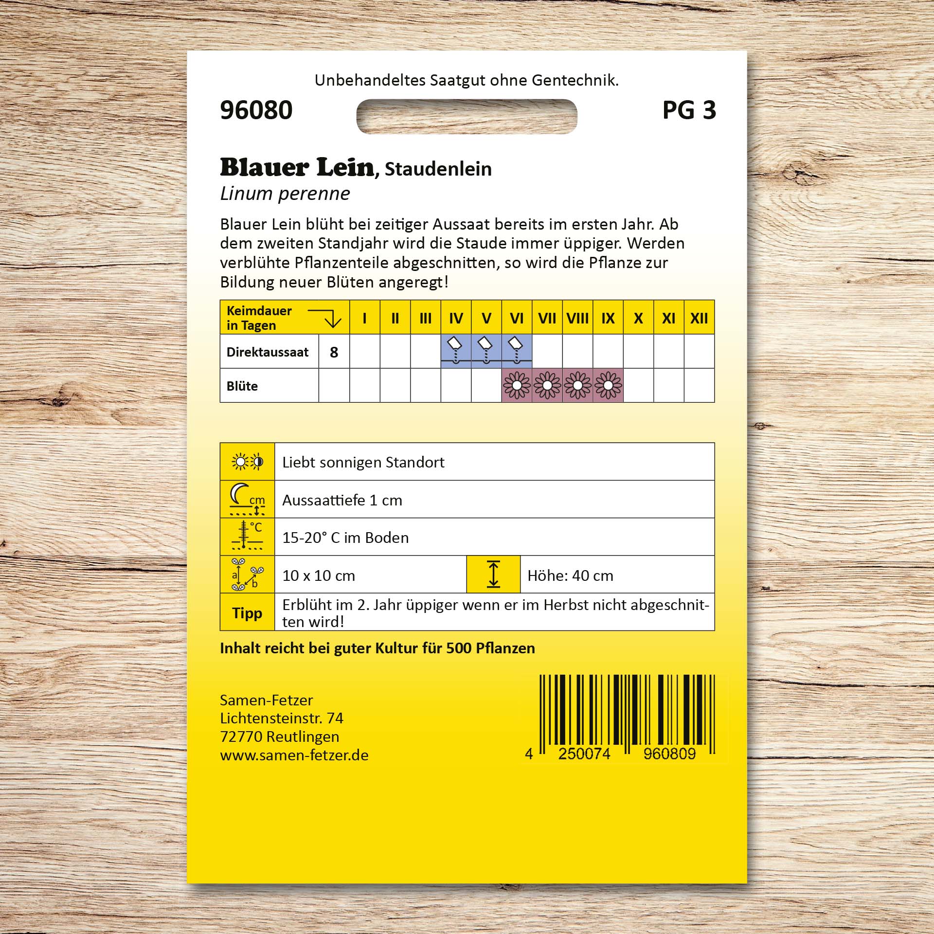 Rückseite der Samenpackung Blauer Lein Staudenlein von Samen-Fetzer mit Aussaat- und Pflegehinweisen für bienenfreundliche, mehrjährige Blumen
