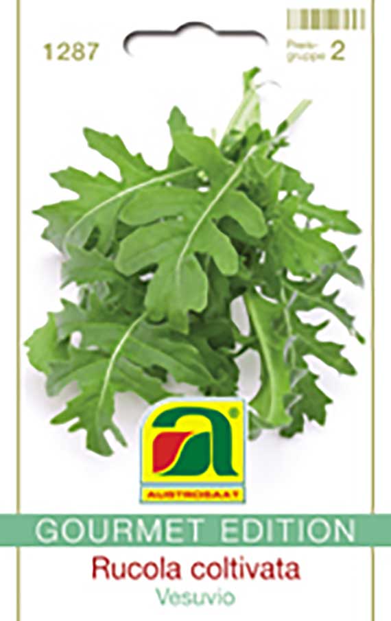 Vorderseite einer Samenpackung mit Abbildung frischer, gezackter Rucolablätter; Sorte 'Vesuvio' (Rucola coltivata) – Gourmet Edition