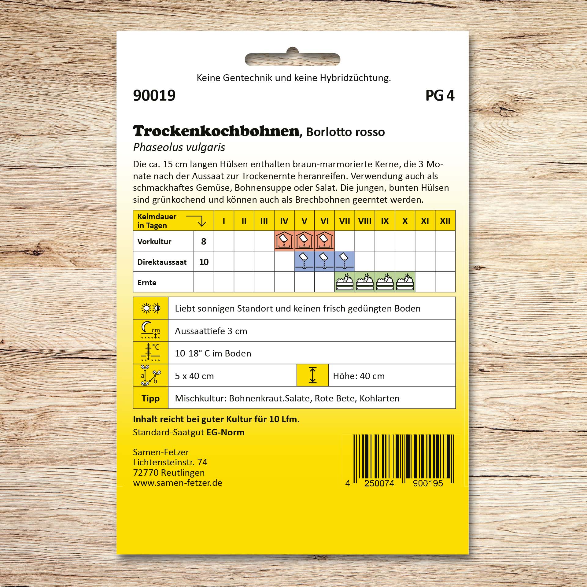 Rückseite der Saatgutverpackung Trockenkochbohnen Borlotto rosso von Samen-Fetzer mit Aussaat-, Pflege- und Erntehinweisen für die rot gesprenkelte Trockenbohne