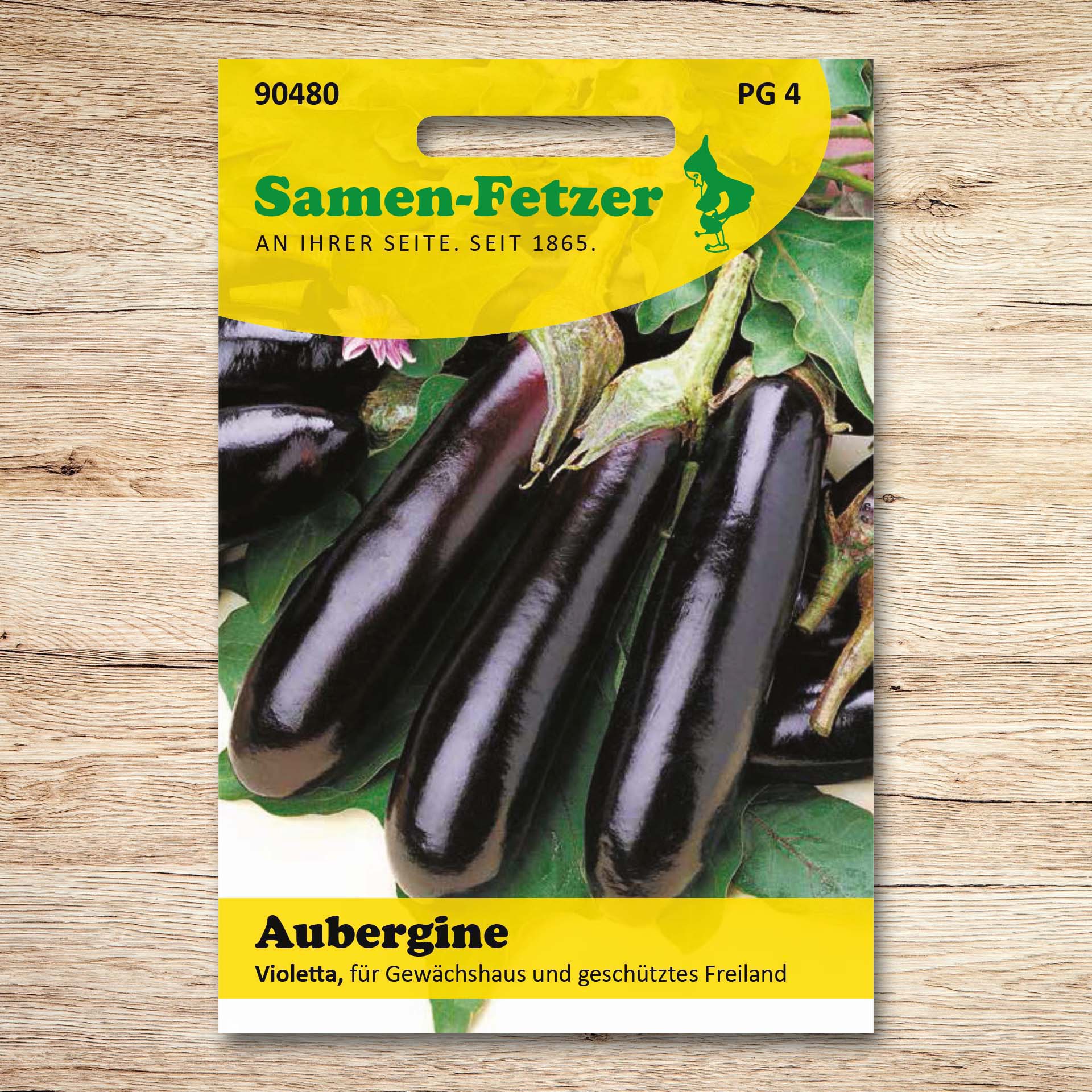 Saatgut Aubergine Violetta von Samen-Fetzer: Samentüte mit glänzend dunkelvioletten Auberginen, geeignet für Gewächshaus und geschütztes Freiland.