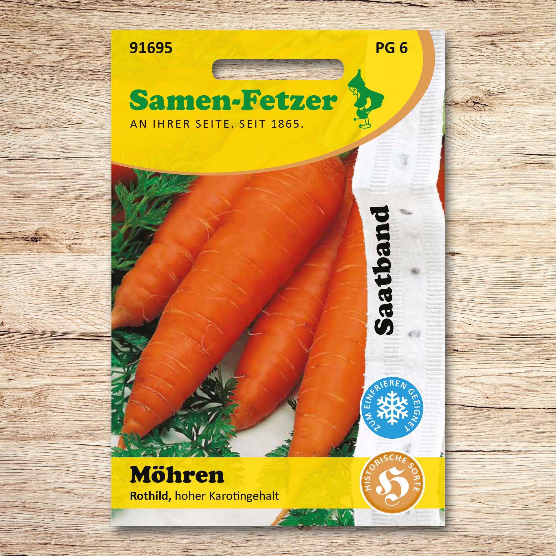 Saatband Möhren Rothild von Samen-Fetzer, Saatgutpackung mit intensiven orangefarbenen, robusten und ertragreichen Karotten mit hohem Carotin- und Zuckergehalt