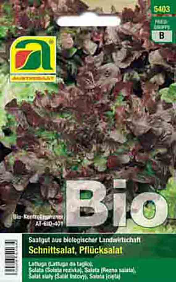 Vorderseite einer Bio-Samenpackung für Schnittsalat (Pflücksalat) mit rötlich-grünen Blättern, großem Schriftzug Bio, grünem Logo und Produktinformationen
