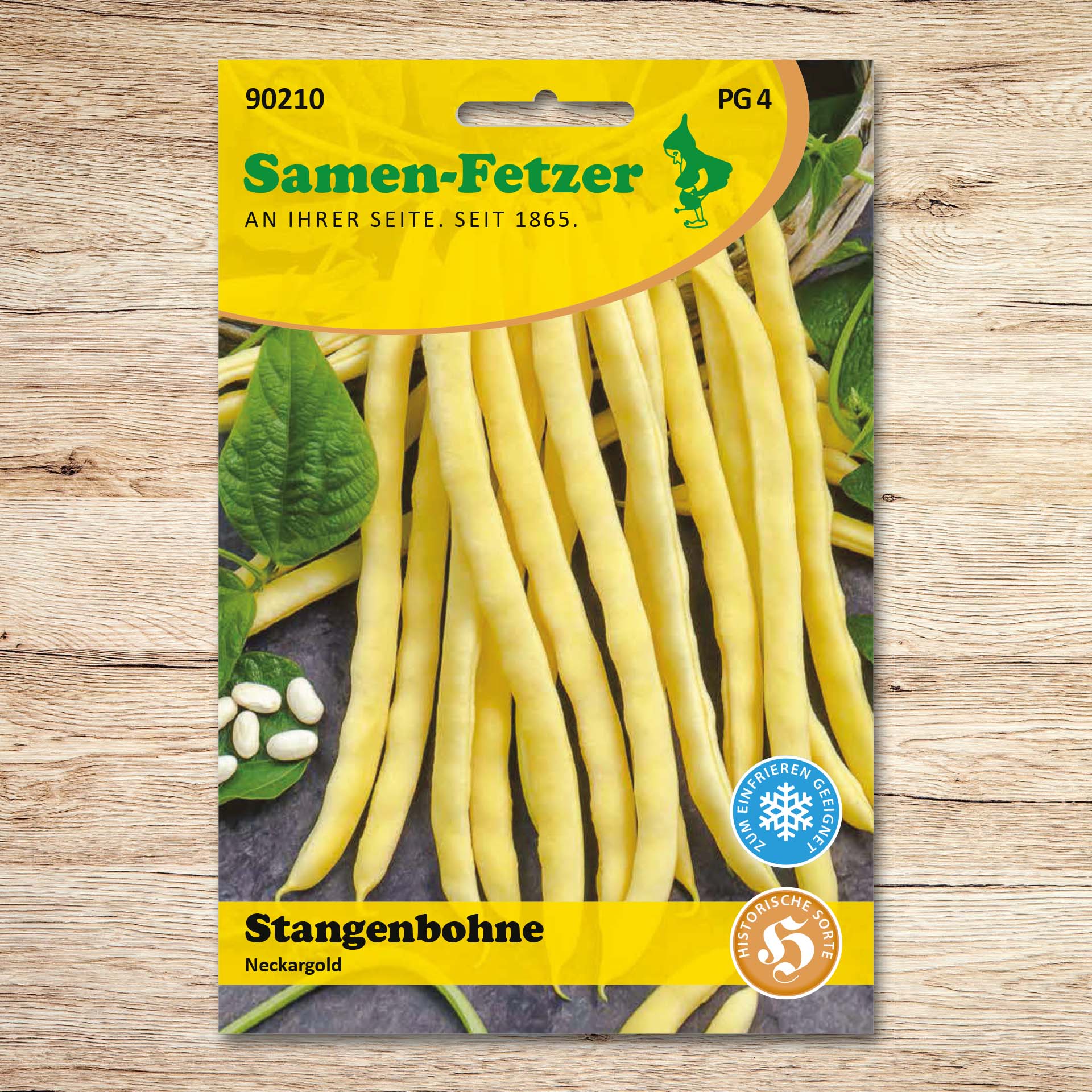 Saatgut Stangenbohne Neckargold von Samen-Fetzer mit langen, goldgelben, fadenlosen Hülsen – ertragreiche Butterbohne