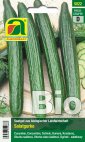 Saatgut-Packung mit Bio Salatgurken: Abbildung mehrerer langer, dunkelgrüner Schlangengurken auf Verpackung, ideal für Salat und Direktverzehr; Verpackungsdesign mit Bio-Kennzeichnung