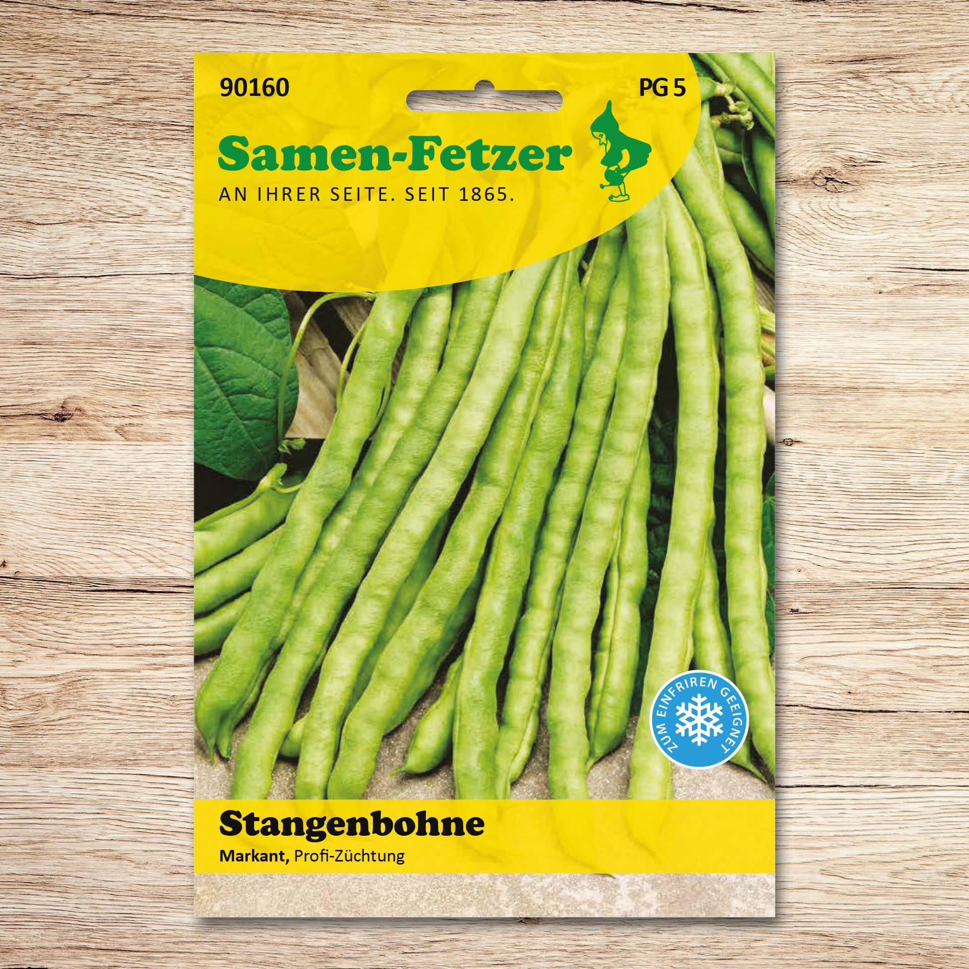 Samen-Fetzer Saatgut Stangenbohne Markant: Abbildung langer, mittelbreiter grüner Hülsen einer frühen, ertragreichen Sorte, ideal für Salate, Bohnengemüse, Einmachen und Einfrieren.
