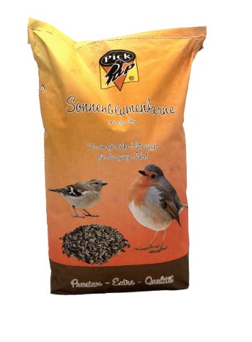 Sack mit Pick Pit Sonnenblumenkerne Vogelfutter, orange-gelbes Verpackungsdesign mit Markenlogo, Abbildungen von zwei Vögeln und einem Haufen Sonnenblumenkerne