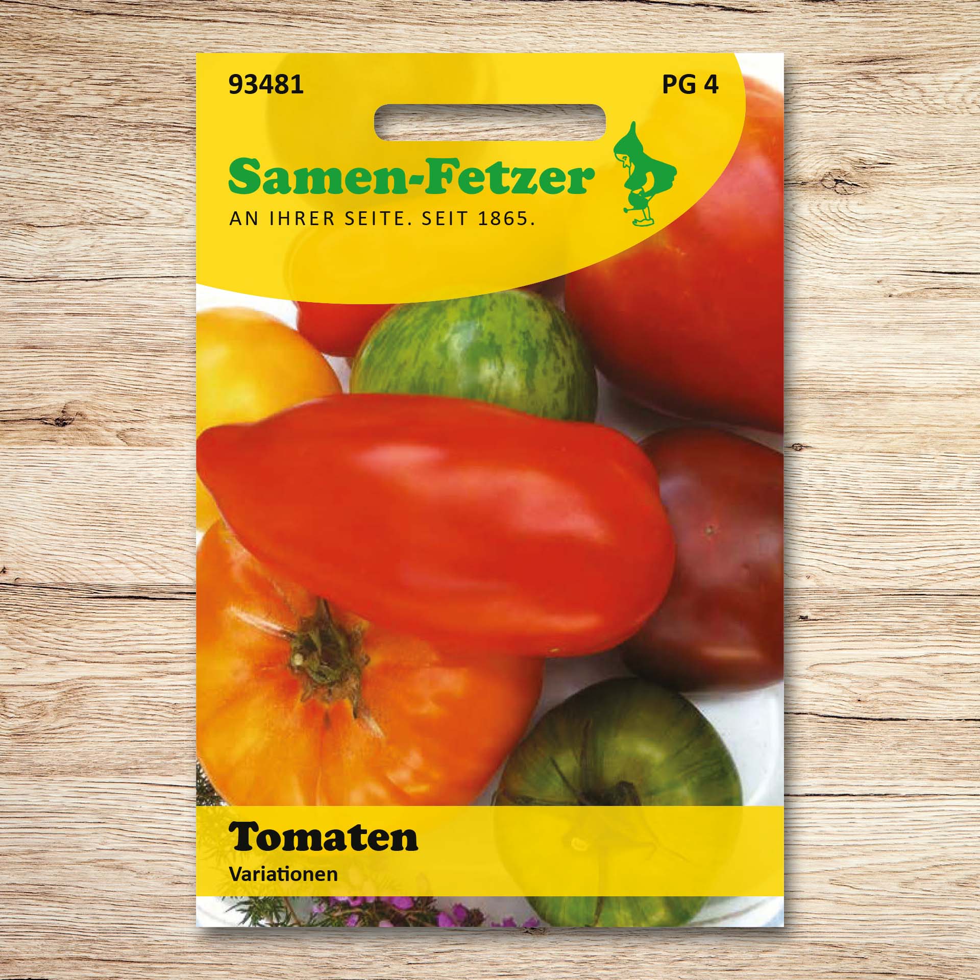 Saatgutpackung Samen-Fetzer Tomaten Variationen mit bunten Tomaten in Rot, Gelb, Grün und Dunkelrot – Mischung aus mindestens sechs aromatischen Tomatensorten in Profi-Qualität