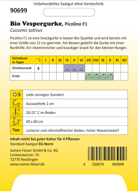 Packungsrückseite der Bio Vespergurke Picolino F1 (Cucumis sativus) mit gelbem Etikett, Sortenname, Beschreibung als Snackgurke, Aussaat- und Erntekalender, Pflanzhinweisen (Aussaattiefe 2 cm, 20-22 °C), Firmenangaben und Barcode.