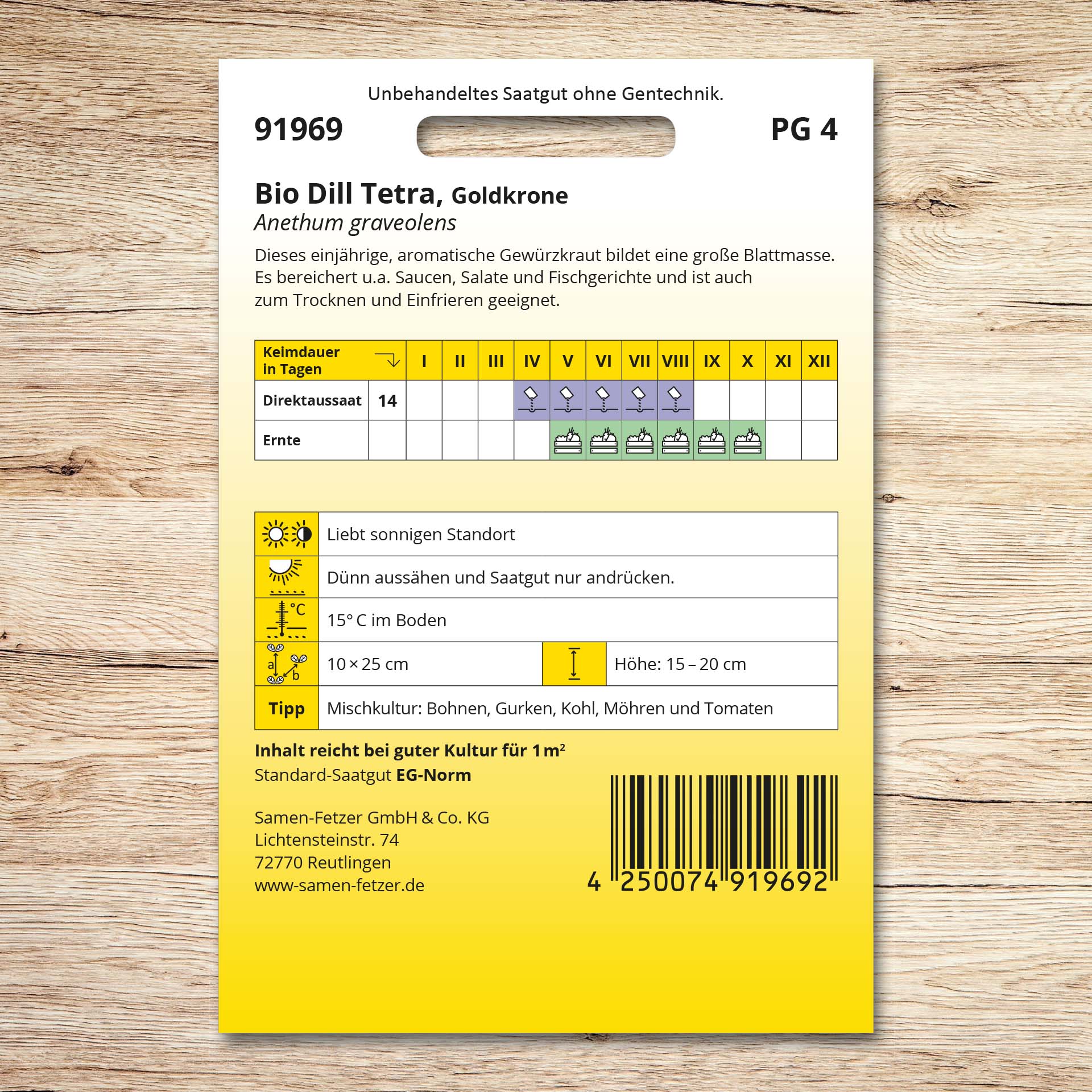 Rückseite der Samenpackung Dill Tetra (Bio) Goldkrone von Samen-Fetzer mit Anbauhinweisen, Aussaat- und Erntekalender für aromatischen Dill für Saucen, Salate und Fischgerichte