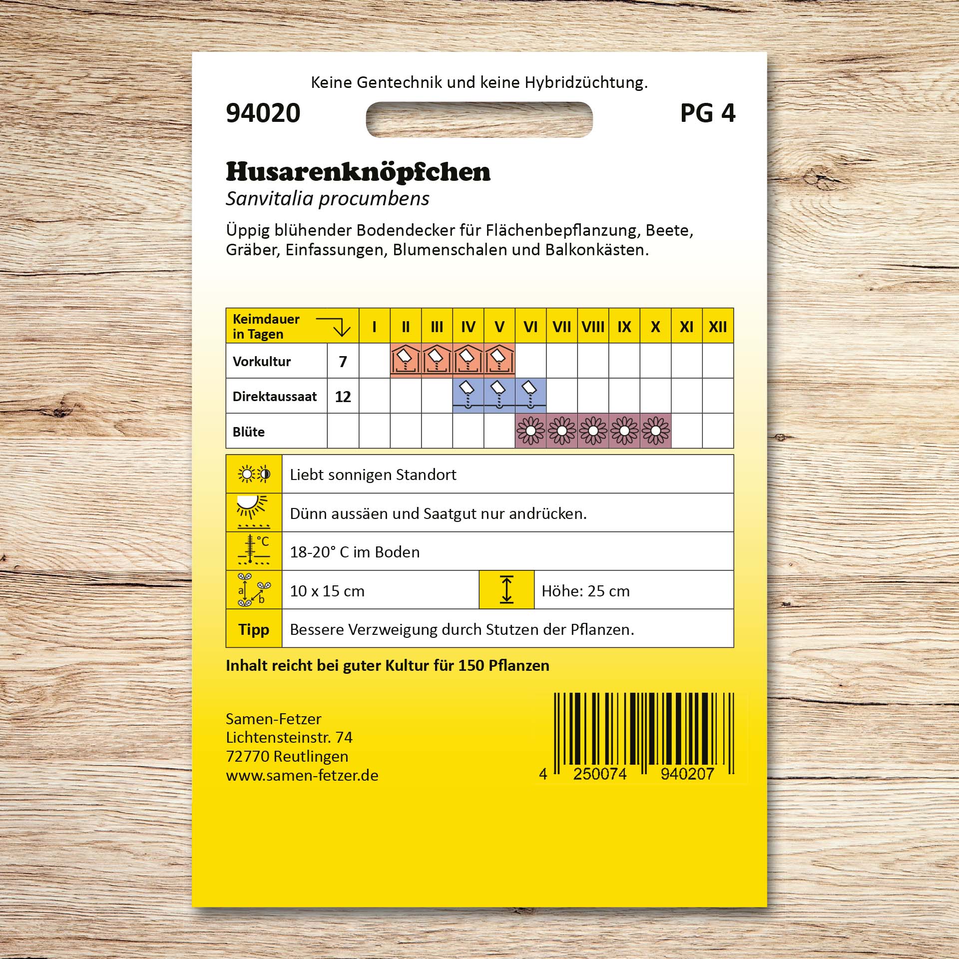 Rückseite der Samenpackung Husarenknöpfchen von Samen-Fetzer mit Aussaatkalender und Pflegehinweisen für den gelb blühenden Bodendecker Sanvitalia procumbens.