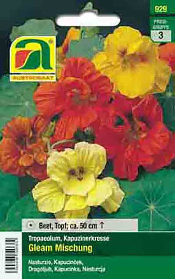 Packung Saatgut Kapuzinerkresse 'Gleam Mischung' mit roten, orangefarbenen und gelben Blüten, für Beet und Topf, Wuchshöhe ca. 50 cm