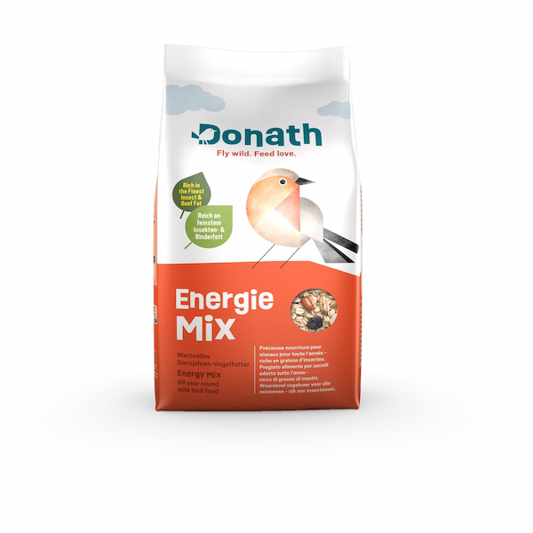 Packung Donath Energie Mix Vogelfutter, weiß-oranges Design mit stilisierter Vogel-Illustration, Aufdruck "Energie Mix" und Sichtfenster mit Samenmischung