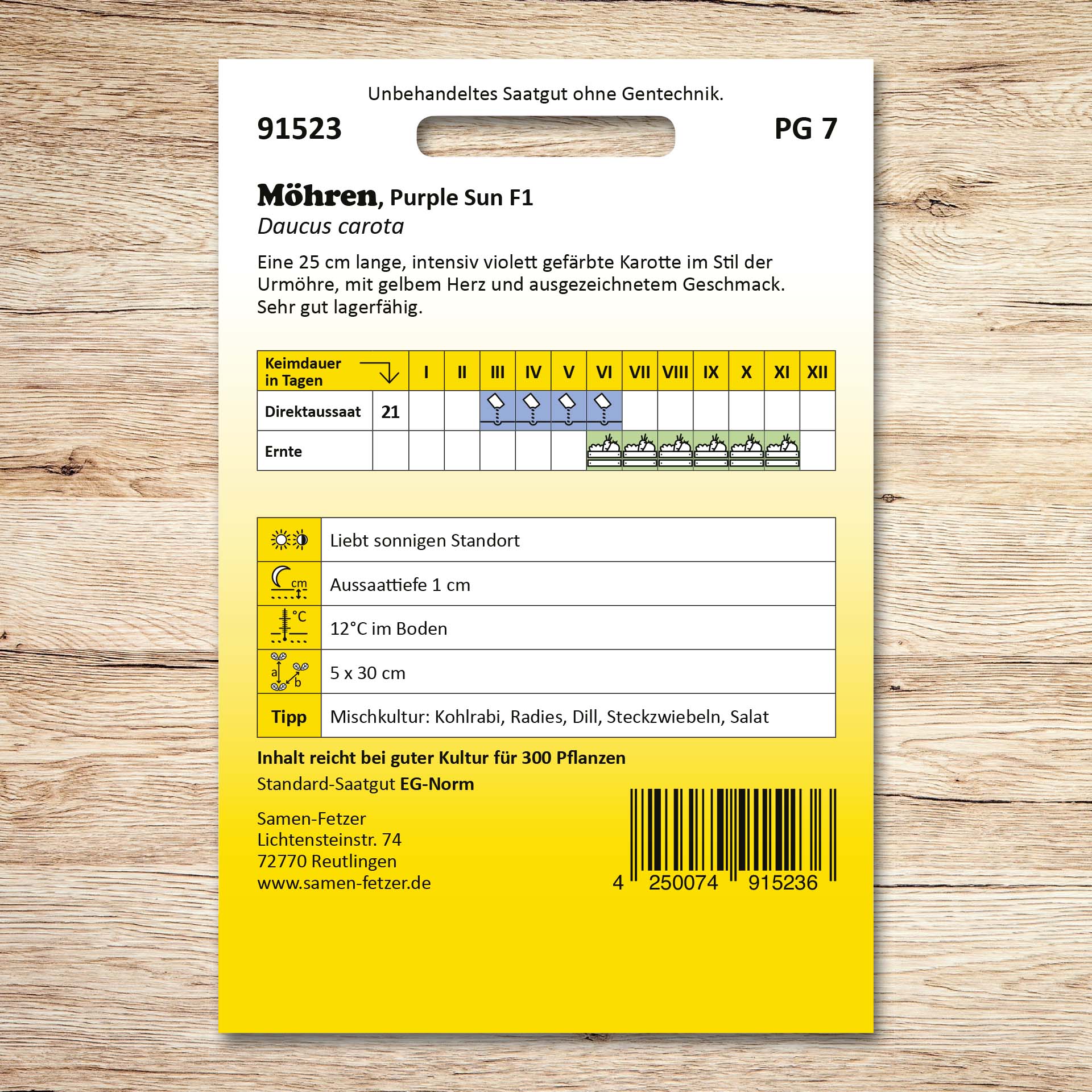 Rückseite der Samenpackung Möhren Purple Sun F1 von Samen-Fetzer mit Aussaat- und Erntekalender, intensiv violetter Karotte mit gelbem Herz, 25 cm lang und sehr gut lagerfähig.
