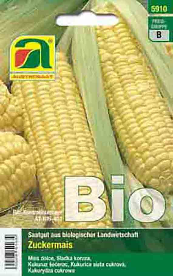 5910 Packung Bio-Zuckermais-Saatgut mit Nahaufnahme von zwei gelben Maiskolben und grünem Verpackungsdesign